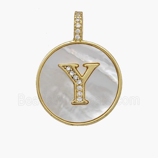 Copper Letter-Y Pendant Pave Shell Zirconia Circle 18K Gold Plated