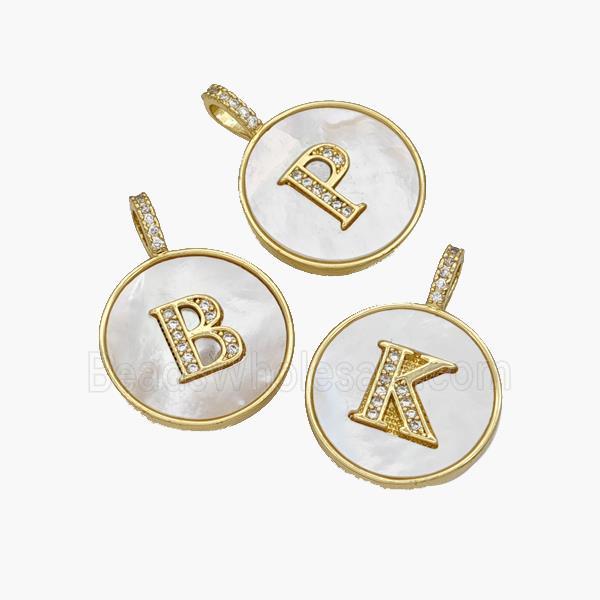 Copper Letter-A Pendant Pave Shell Zirconia Circle Alphabet 18K Gold Plated Mixed