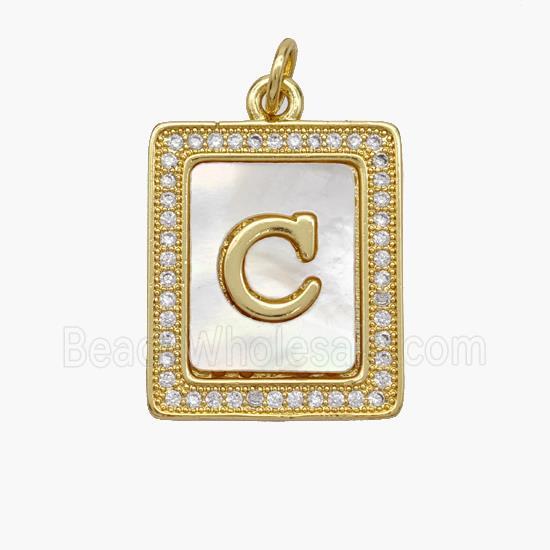 Copper Letter-C Pendant Pave Shell Zirconia Rectangle 18K Gold Plated