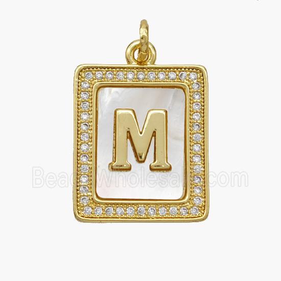 Copper Letter-M Pendant Pave Shell Zirconia Rectangle 18K Gold Plated