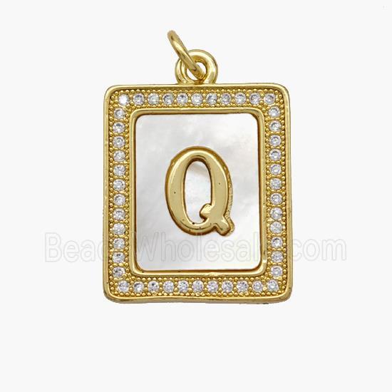 Copper Letter-Q Pendant Pave Shell Zirconia Rectangle 18K Gold Plated