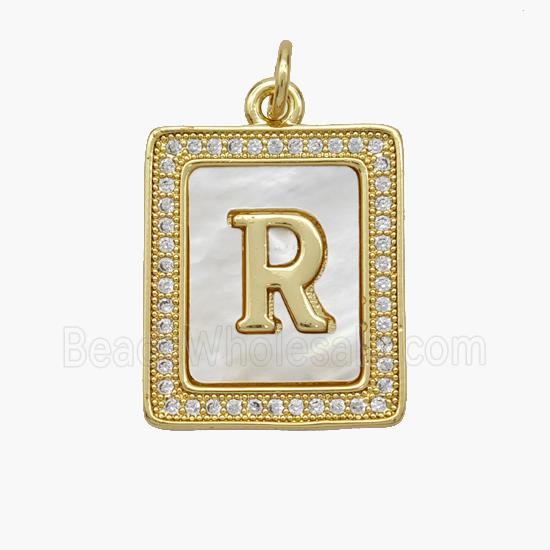 Copper Letter-R Pendant Pave Shell Zirconia Rectangle 18K Gold Plated
