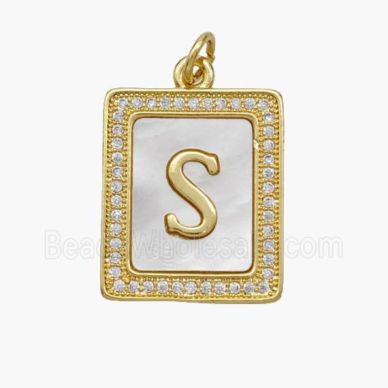 Copper Letter-S Pendant Pave Shell Zirconia Rectangle 18K Gold Plated
