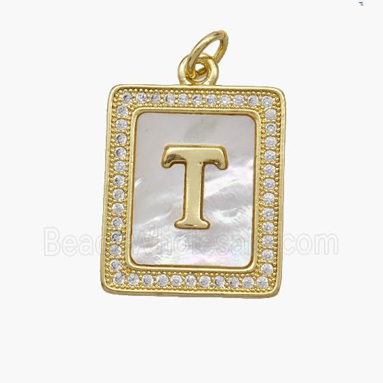 Copper Letter-T Pendant Pave Shell Zirconia Rectangle 18K Gold Plated