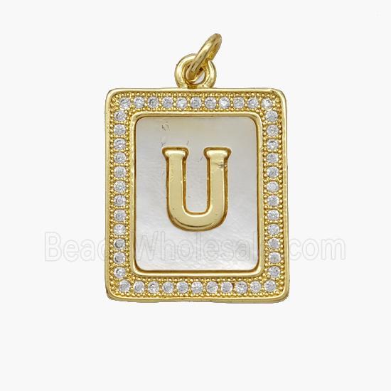 Copper Letter-U Pendant Pave Shell Zirconia Rectangle 18K Gold Plated