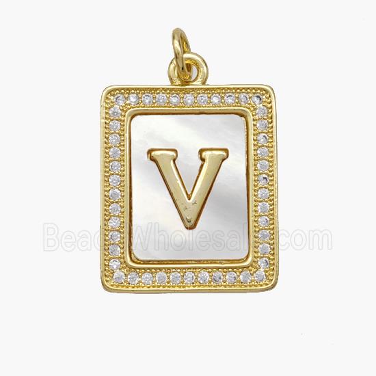 Copper Letter-V Pendant Pave Shell Zirconia Rectangle 18K Gold Plated