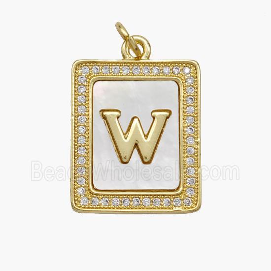Copper Letter-W Pendant Pave Shell Zirconia Rectangle 18K Gold Plated