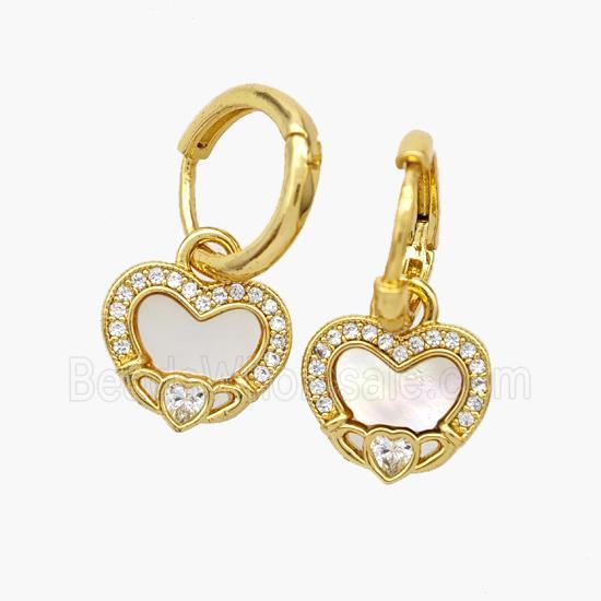 Copper Heart Hoop Earrings Pave Shell Zirconia 18K Gold Plated