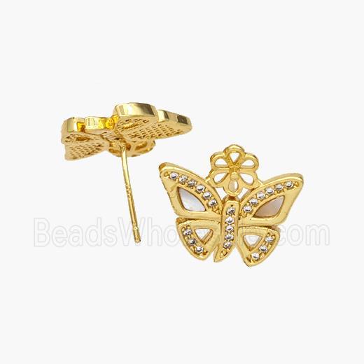 Copper Butterfly Stud Earrings Pave Shell Zirconia 18K Gold Plated