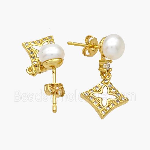 Copper Cross Stud Earrings Pave Pearlized Resin Shell 18K Gold Plated