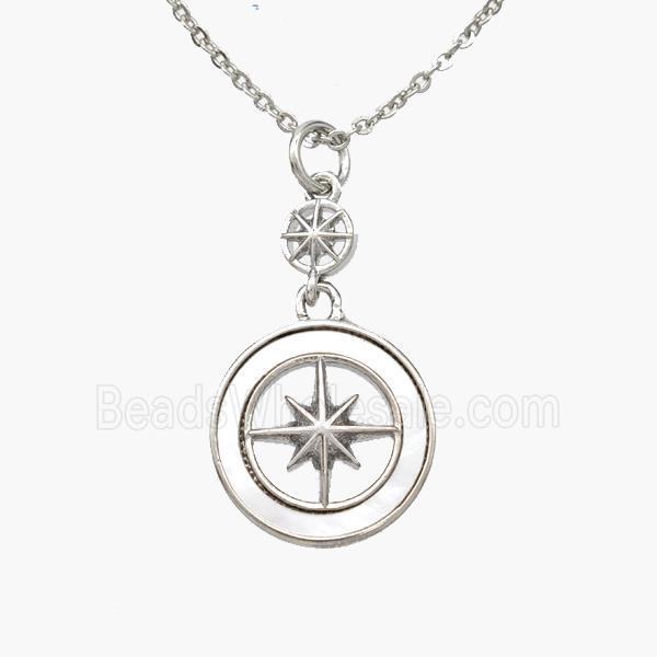 Copper Compass Necklace Pave Shell Platinum Plated