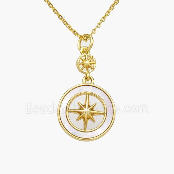 Copper Compass Necklace Pave Shell Gold Plated