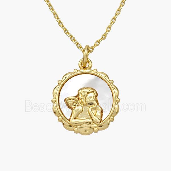Copper Angel Necklace Pave Shell Gold Plated