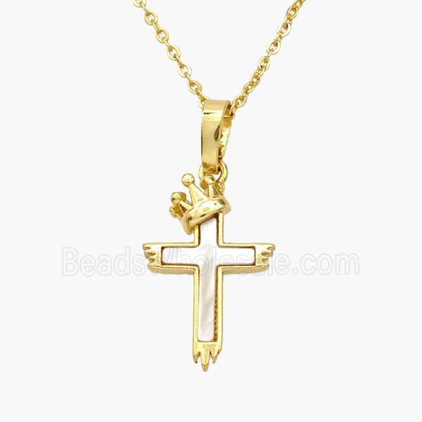 Copper Cross Necklace Pave Shell Crown Gold Plated