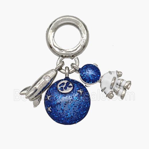 Shuttle Earth And Cosmonaut Charms Copper Pendant Enamel Platinum Plated