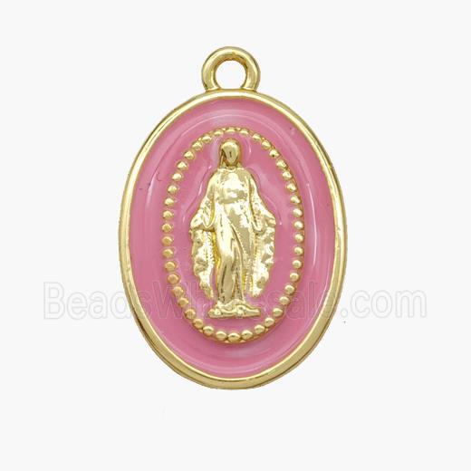 Copper Jesus Pendant Pink Enamel Oval Gold Plated