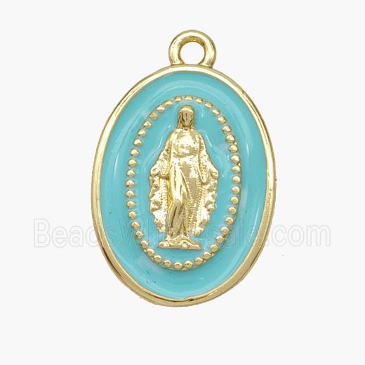 Copper Jesus Pendant Teal Enamel Oval Gold Plated