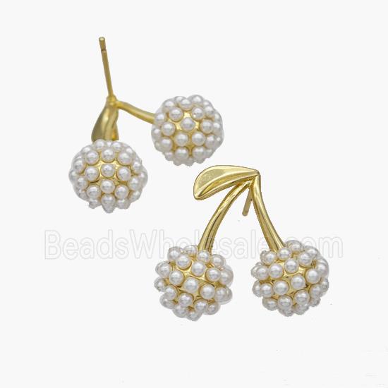 Copper Cherry Stud Earrings Micropave Pearlized Resin Gold Plated
