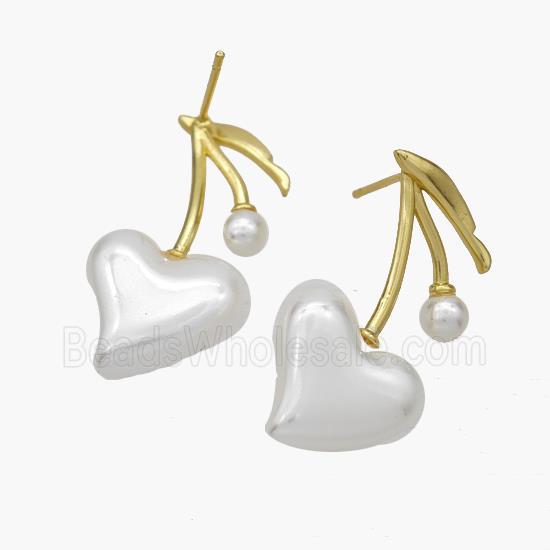 Copper Cherry Stud Earrings Pave Pearlized Resin Heart Gold Plated