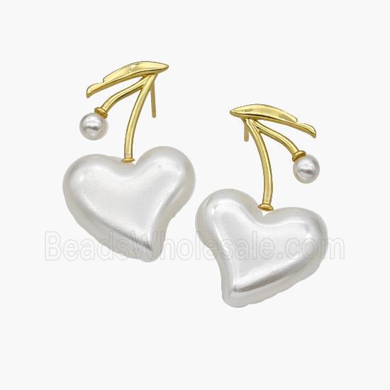 Copper Cherry Stud Earrings Pave Pearlized Resin Heart Gold Plated