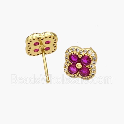 Copper Clover Stud Earrings Pave Zirconia Gold Plated