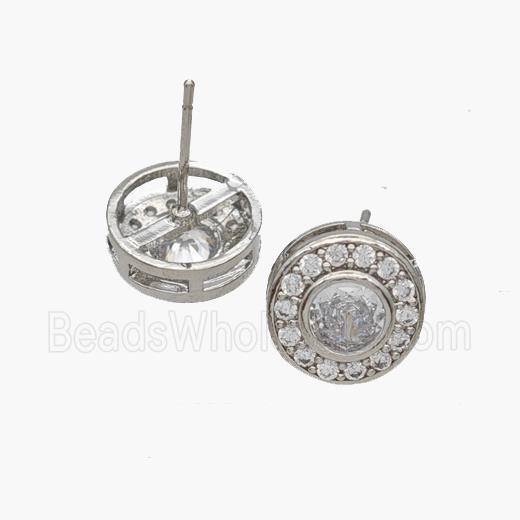 Copper Coin Stud Earrings Pave Zirconia Platinum Plated