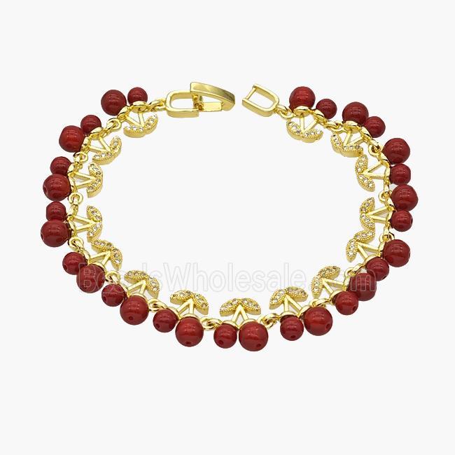 Copper Cherry Bracelet Pave Zirconia Red Resin Ball Gold Plated
