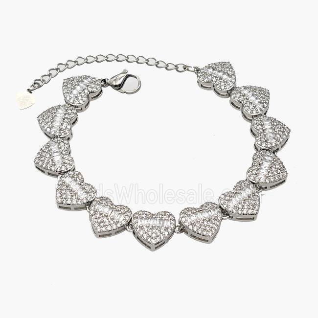 Copper Heart Bracelet Pave Zirconia Platinum Plated