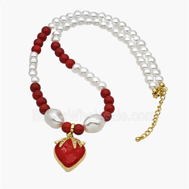 Pearlized Resin Necklace With Copper Cherry Pendant Red Enamel Gold Plated