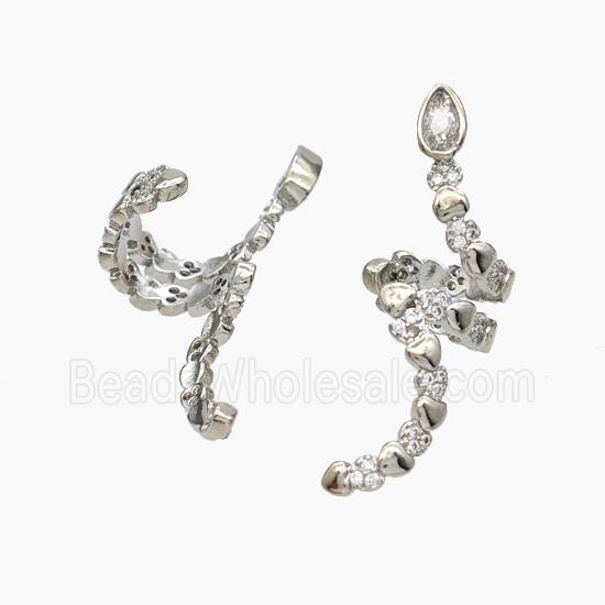 Copper Snake Clip Earrings Pave Zirconia Platinum Plated