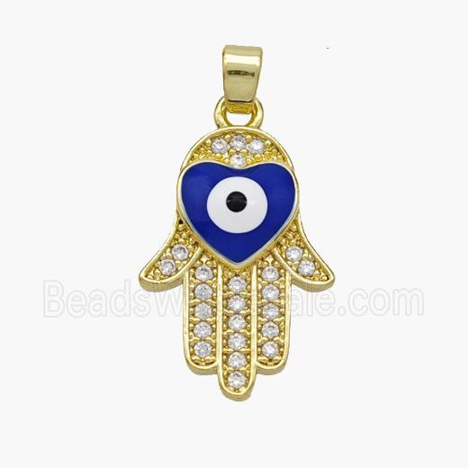 Copper Hamsahand Pendant Pave Zirconia Evil Eye Blue Enamel Gold Plated