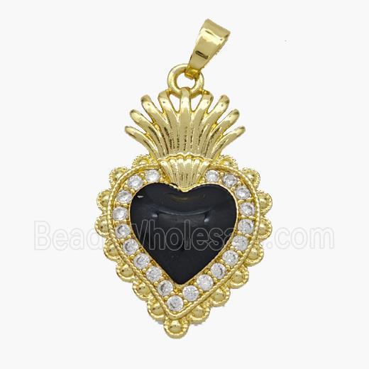 Copper Heart Pendant Pave Zirconia Black Enamel Gold Plated