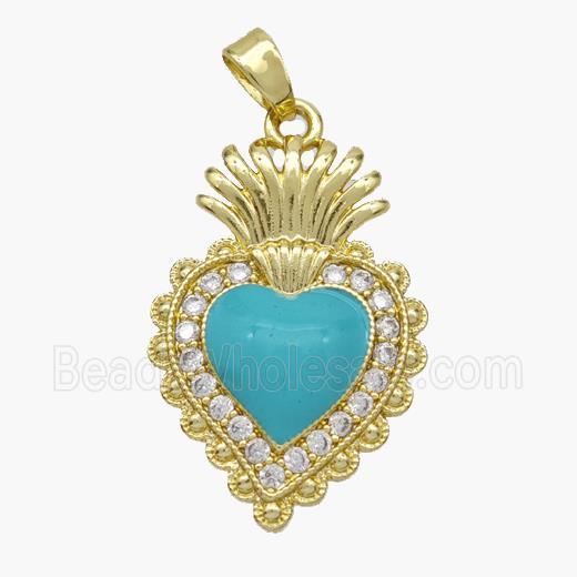 Copper Heart Pendant Pave Zirconia Teal Enamel Gold Plated