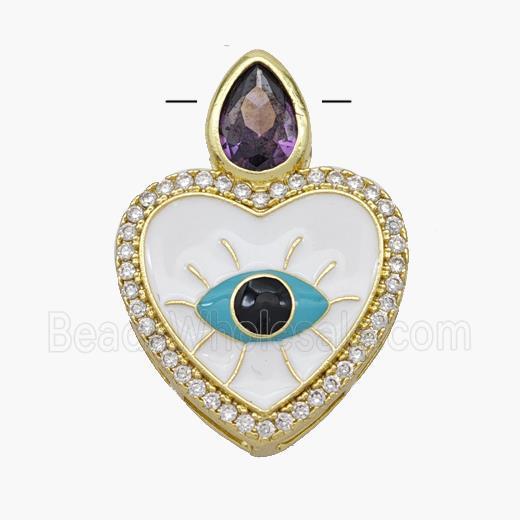 Copper Heart Pendant Pave Zirconia Evil Eye White Enamel Gold Plated