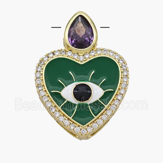 Copper Heart Pendant Pave Zirconia Evil Eye Green Enamel Gold Plated