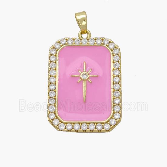Copper Rectangle Pendant Pave Zirconia Pink Enamel Northstar Gold Plated