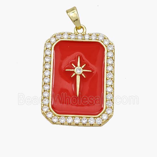 Copper Rectangle Pendant Pave Zirconia Red Enamel Northstar Gold Plated