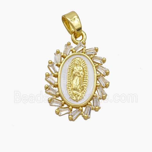 Virgin Mary Charms Copper Pendant Pave Zirconia White Enamel Gold Plated