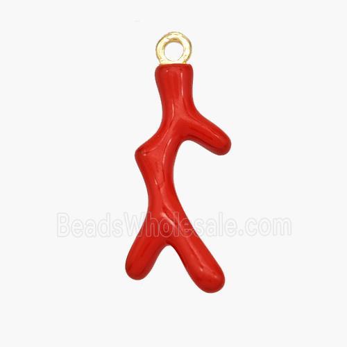 Copper Pendant Coral Branch Red Enamel Gold Plated
