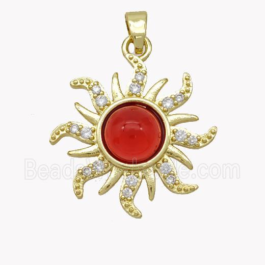 Copper Sun Pendant Pave Zirconia Red Jade Gold Plated
