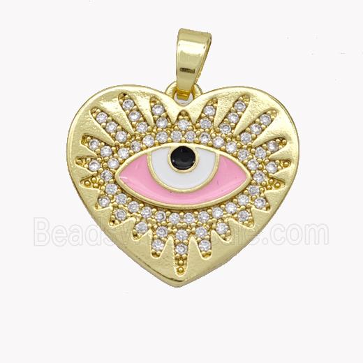 Copper Heart Pendant Pave Zirconia Pink Enamel Evil Eye Gold Plated