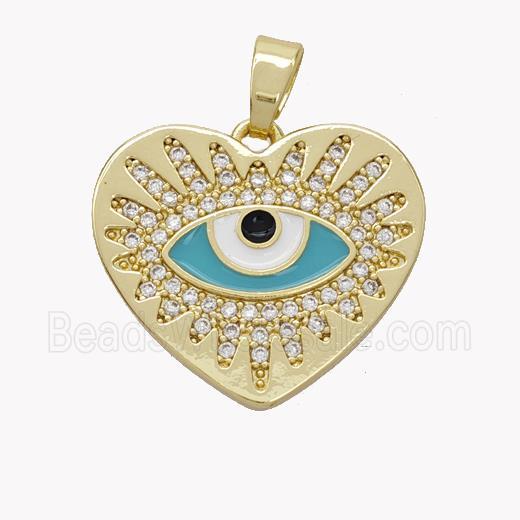 Copper Heart Pendant Pave Zirconia Teal Enamel Evil Eye Gold Plated