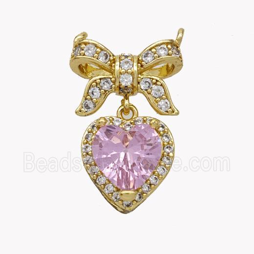 Copper Bow Heart Pendant Pave Crystal Glass Zirconia 2loops Gold Plated