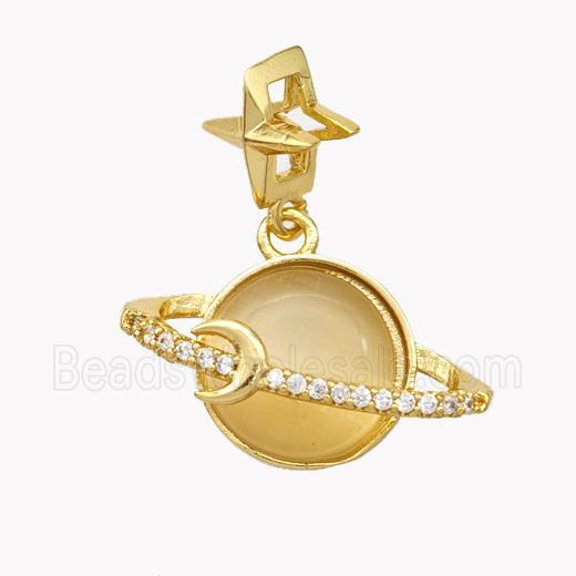 Copper Planet Pendant Pave Cateye Glass Zirconia Gold Plated