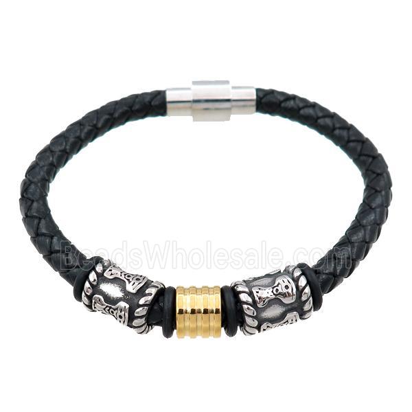 PU leather bracelet with magnetic clasp, stainless steel beads