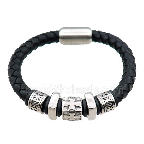 PU leather bracelet with magnetic clasp, stainless steel beads