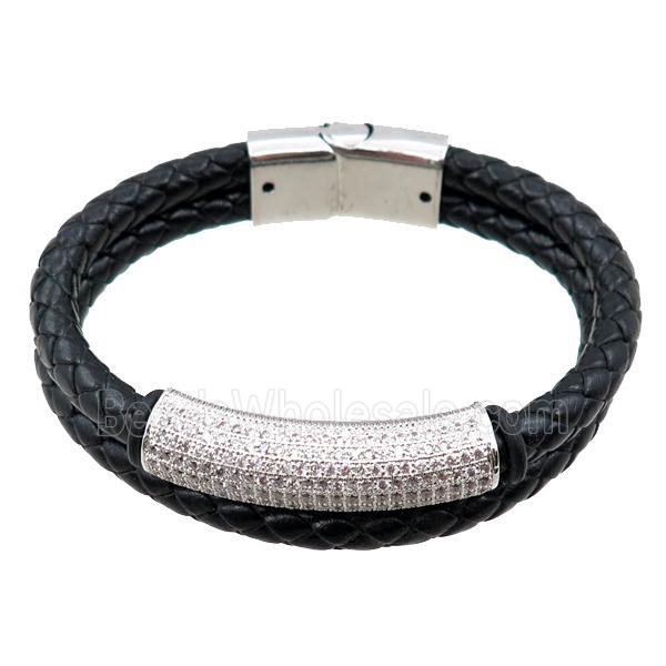 PU leather bracelet with magnetic clasp, copper tube beads pave zircon