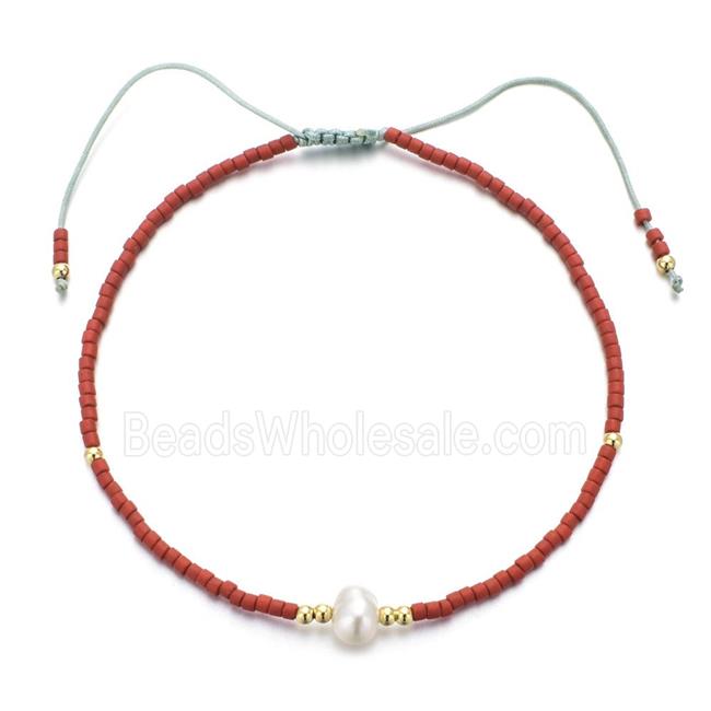 handmade miyuki glass Bracelet with Pearl, adjustable, red