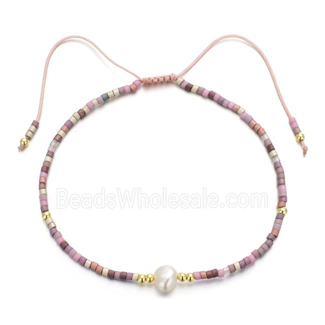 handmade miyuki glass Bracelet with Pearl, adjustable, pink