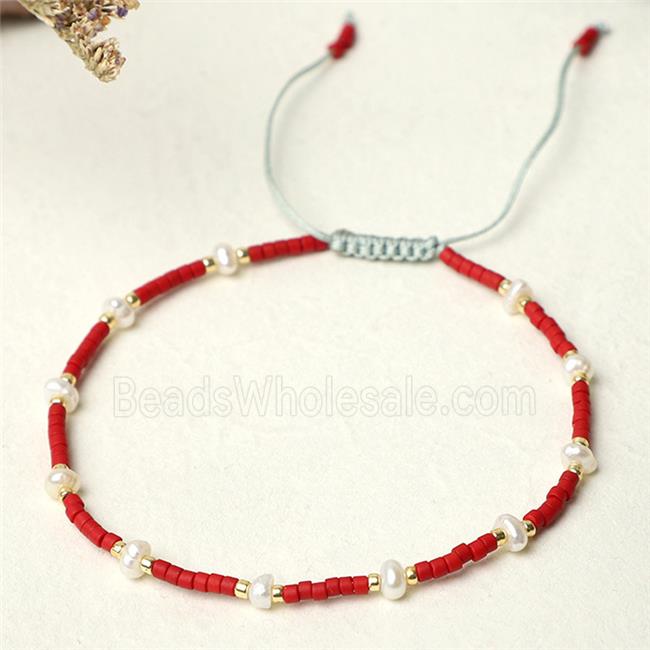 handmade miyuki glass Bracelet with Pearl, adjustable, red